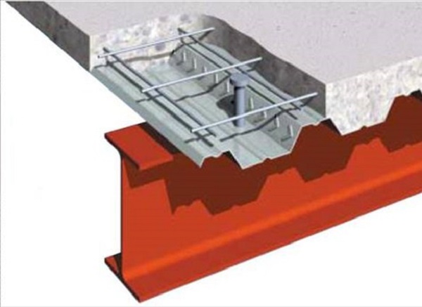 Sàn deck được cố định trên hệ dầm phụ và cố định bằng đinh hàn trước khi đổ bê tông lên trên